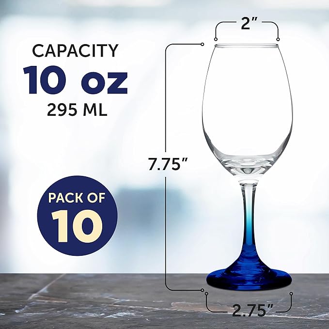DISCOUNT PROMOS Rioja Wine Glasses with Stem 10 oz. Set of 10, Bulk Pack - Color Bottom, Perfect for Wedding, Party Favors, Birthday, Bridal Shower Gifts - Blue