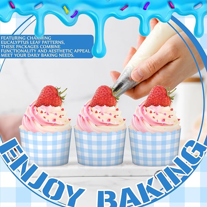 Vesici 150 Pcs Blue Gingham Ice Cream Cups 5oz Dessert Paper Bowls Gingham Scalloped Cupcake Cups Blue Disposable Dessert Bowls for Food Sundae Frozen Yogurt Soup Party Supplies