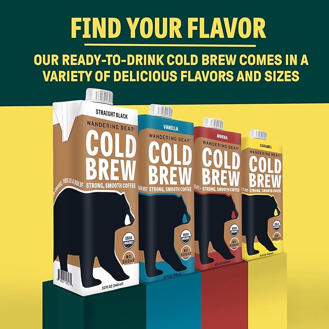 Wandering Bear Decaf Cold Brew Coffee, 32 fl oz, 6 pack - Extra Strong, Bold, Smooth, Unsweetened, Shelf-Stable, Ready to Drink, Iced Cold Brewed Coffee Drinks - Gluten Free & Vegan Decaf