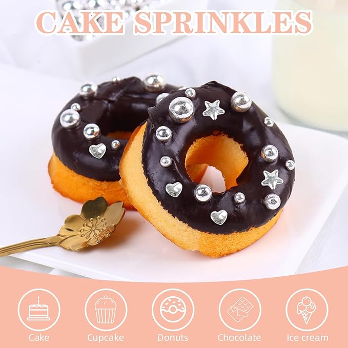 Kasvan Silver Pearl Sugar Sprinkles, 6 Sizes Mix for Cake Decorating, 230g/8.1oz, Ice Cream Toppings and Cookie Decorating, Wedding Party Chirstmas Supplies (Silver)