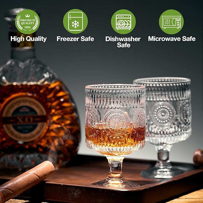 Vintage Goblet Glasses Set of 3, 8oz Embossed Floral Wine Glasses, Clear Glass Cups for Tea, Wine, Beer, or Cocktails (Set of 3)