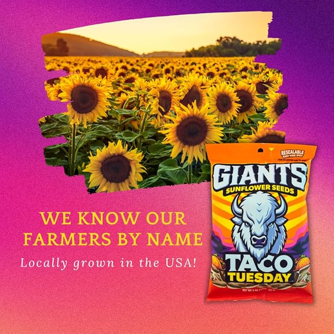 GIANTS Taco Tuesday Sunflower Seeds - Sunflower Seeds to Eat, High Protein Snack, Zesty Taco Seasoning, Source of Vitamin E & Fiber Content - 5 oz Resealable Bags (Pack of 3)