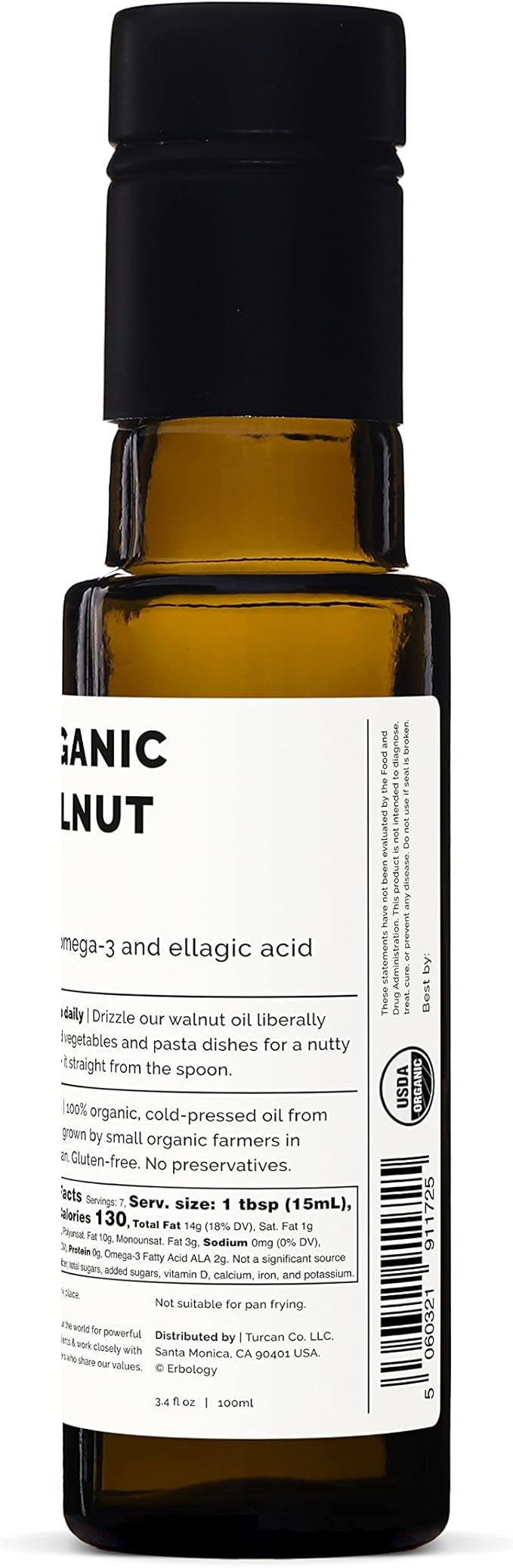 Erbology Organic Walnut Oil 3.4 fl oz - Cold-Pressed - Supports Cognitive Health - Straight from Farm - Non GMO - No Additives or Preservatives - Recyclable Glass Bottle
