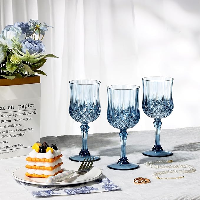 XUWAIDSGN Plastic Vintage Wine Glasses Drinking Glasses Unbreakable Wedding Glassware Crystal Water Goblets Reusable Drinkware Vintage Champagne Flutes (16, Blue)