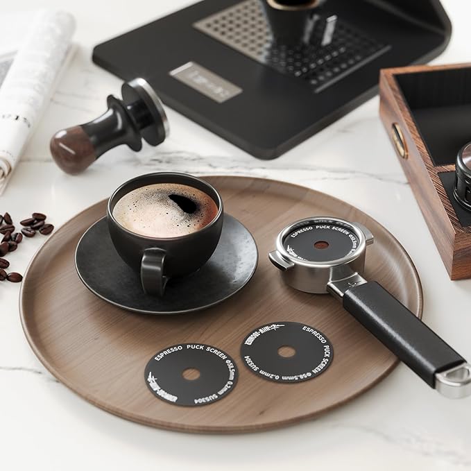MHW-3BOMBER 58mm Espresso Puck Screen - 0.2mm Ultra Thin Espresso Puck with Round Hole - Metal Reusable Coffee Filter for Portafilter Basket 58mm - Puck Screen with Stand 3 Pack FG7054-OS