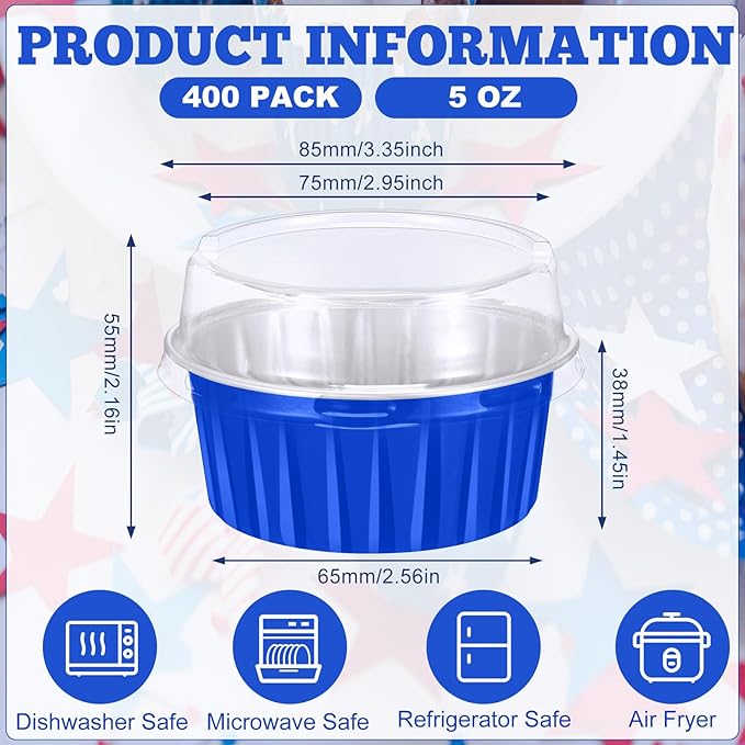 Gejoy 400 Pcs Aluminum Foil Baking Cups with Lids 5 oz Disposable Ramekins Mini Cake Pans Creme Brulee Cupcake Liners Muffin Tins Flan Mold Dessert Container for Wedding(Dark Blue,Classic)