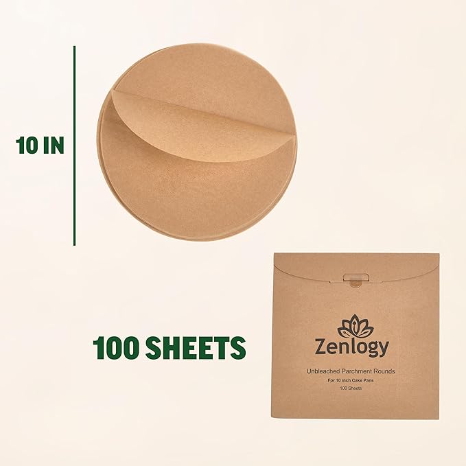 Zenlogy 10 Inch Parchment Paper Rounds (100 Sheets) - Unbleached, Pre-cut, High Heat, Round Liners - Fits 10 inch Round Cake Pans, Pizza Pans, and Air Fryer