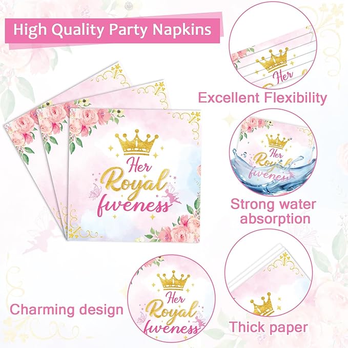 96Pcs Princess 5th Birthday Plates and Napkins Her Royal Fiveness Decorations Princess Party Dessert Plates Rainbow Castle Tableware for 24 Guests 5th Theme Girl Baby Shower Party Supplies