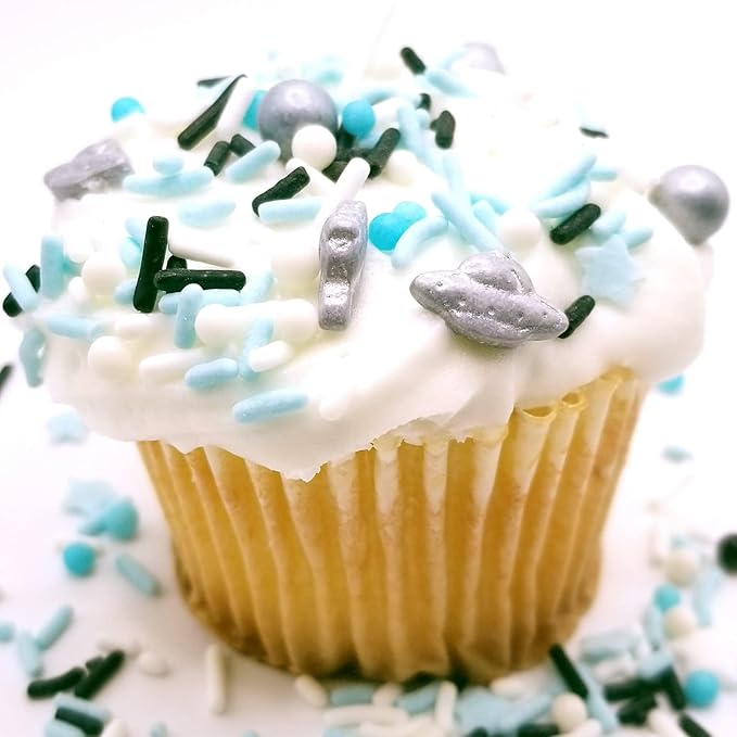NCS Blue, Silver, White, and Black UFO Spaceship Edible Candy Sprinkles, 8 ounces - Great for Cupcakes, Cookies, Cakes, Cakes Pops, Donuts
