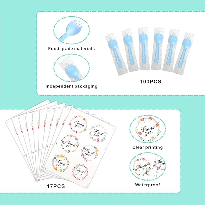 100 PCS Mini Cake Pans with Lids and 100 PCS Spoons,Aluminium Foil Baking Cups, 5 oz Disposable Baking Cups Foil Ramekins For Party Birthday Wedding Valentines (cyan blue)