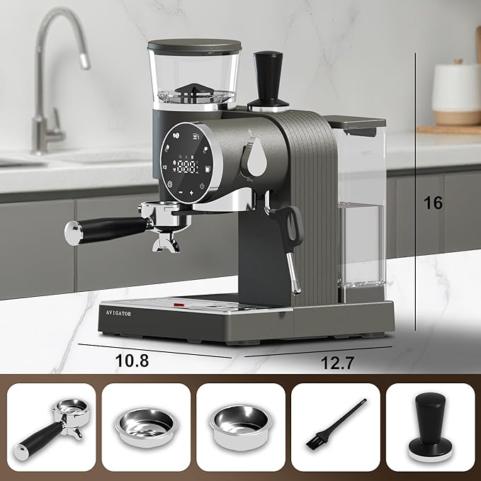 20 Bar Espresso Machine with Milk Frother, Programmable Expresso Coffee Machines with Adjustable Grinder Built in & 53 oz. Removable Water Tank for Espresso, Americano, Cappuccino and Latte