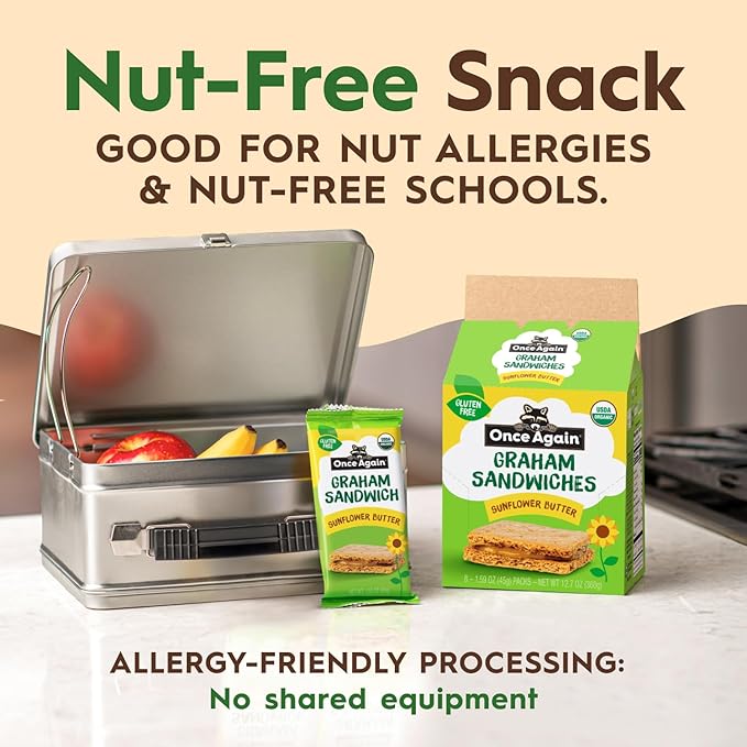 Once Again Sunflower Butter Graham Sandwiches - Gluten Free Snacks for Kids & Adults - Sandwich Crackers with Organic Sunflower Seed Butter - Vegan, Nut Free Snacks for Lunch & School, 8 Count