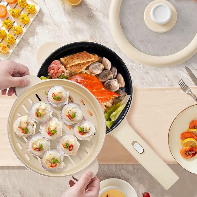 Dezin Electric Cooker, 2L Non-Stick Saut챕 Pan, Rapid Noodles Cooker, Mini Pot for Steak, Egg, Fried Rice, Ramen, Oatmeal, Soup with Power Adjustment, College Dorm Room Essential(Egg Rack Included)