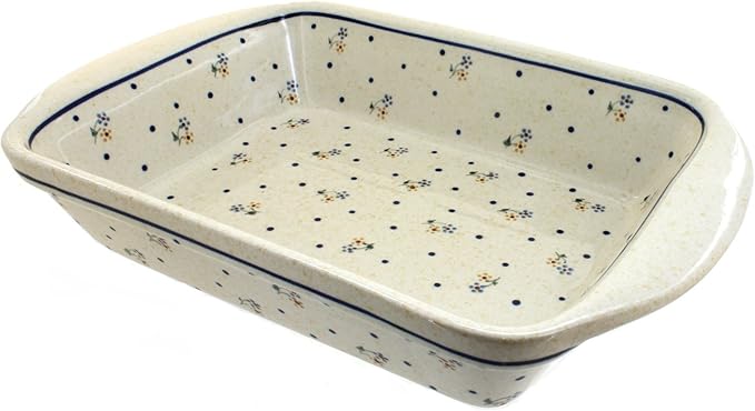 Blue Rose Polish Pottery - Off-white Country Meadow Large Rectangular Baker with Handles - 9" x 6.5" - Unique, Dishwasher Safe, & Durable Bakeware