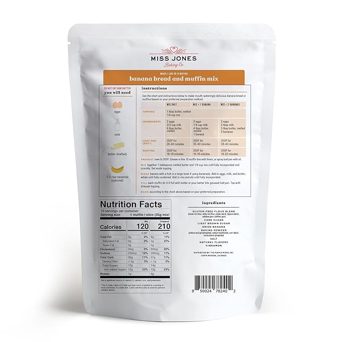 Miss Jones Baking Banana Bread & Muffin Mix - Whole Grains, 50% Lower Sugar, Real Banana, Vegan Banana Bread, Naturally Sweetened Desserts & Treats, 10.57 Ounce (Pack of 6)