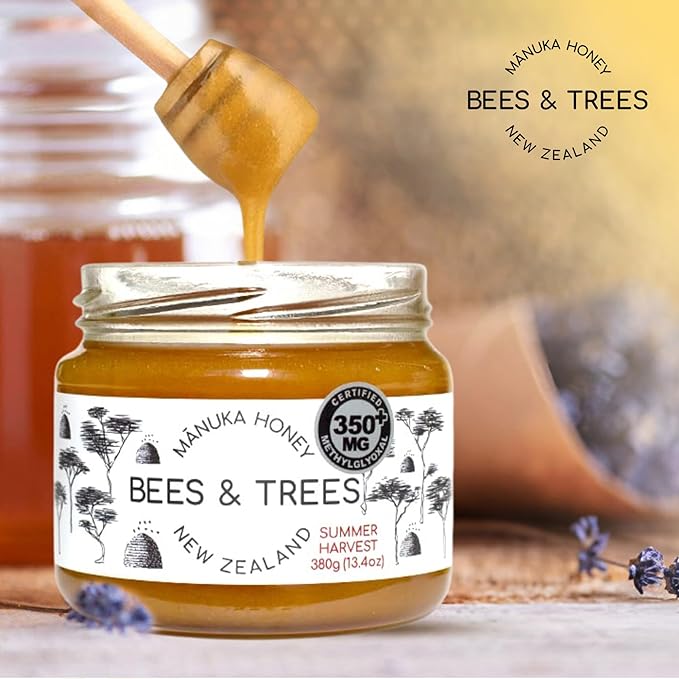 Bees & Trees Manuka Honey 350+ MGO – Pure New Zealand Raw Monofloral Honey – Unpasteurized & Natural – 380g (13.4oz) Glass Jar – Perfect for Coffee, Tea & Daily Wellness
