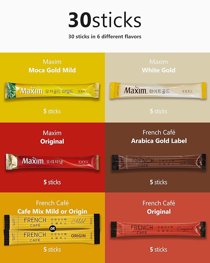 CUTIE MANGO Maxim French Premium Korean Instant Coffee Mix Sampler 6 Flavors Assortment Café Style Camping Party Single Serve Packets 30 Variety Pack (5 Sticks Each) with Complimentary 2 Teabags