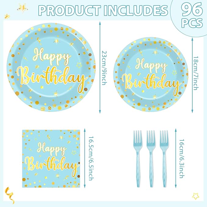 96PCS Blue Birthday Plates and Napkins Birthday Party Decorations Light Blue and Gold Dessert Plates Tableware for 24 Guests Kids Party Supplies