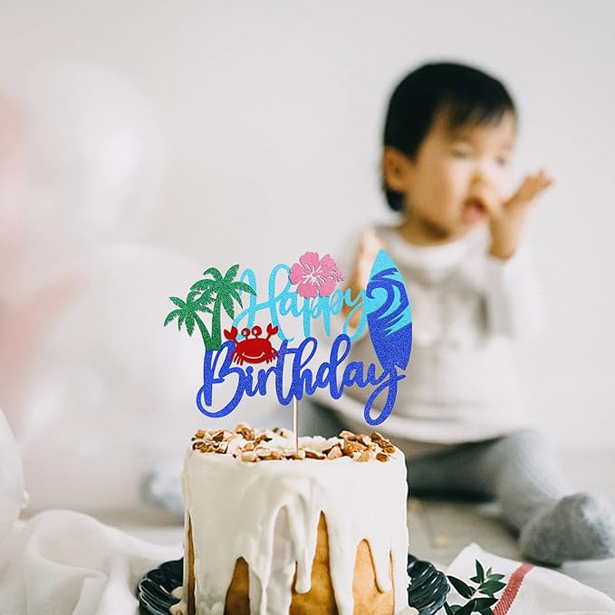 Rsstarxi 1 Pack Beach Happy Birthday Cake Topper Glitter Flower Crab Palm Leaf Surfboard Cake Pick for Beach Surfing Hawaii Luau Theme Baby Shower Kids Boys Girls Birthday Party Cake Decorations