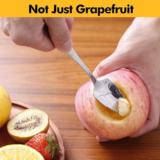HyperSpoon 5 Pack Grapefruit Spoons & 1 Grapefruit Knife, Stainless Steel Flatware Set Serrated Edges, Cutting Utensil Kitchen with Titanium Plating for Fruit Kiwi Orange, Silver