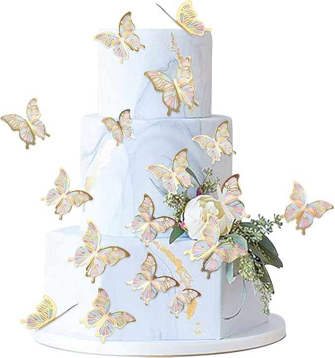 30pcs Color Gold Edge Mixed Size Lively 3D Waterproof Butterfly Cupcake Topper for Girls Women's Happy Birthday Wedding Party Cake Wall Party Food Decorations