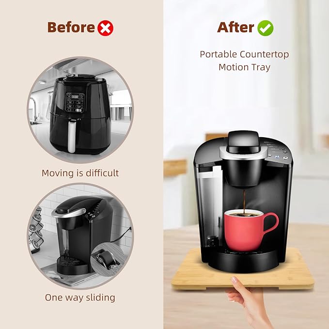360째 Rolling Tray Bamboo Appliance Slider for Kitchen Appliances, Coffee Maker Mat Tray for Countertops Sliding Tray for Coffee Maker Appliances Mat Easily from Under The Cabinet Natural11.6횞13.9