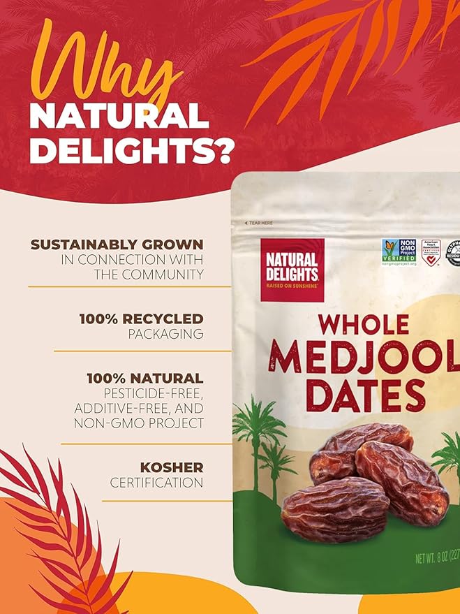 Natural Delights Medjool Dates – Large & Plump Non-GMO Verified, Good Source of Fiber, Naturally Sweet Fruit Snack, Perfect for On-the-Go - Medjool Dates Whole, 8 oz Container