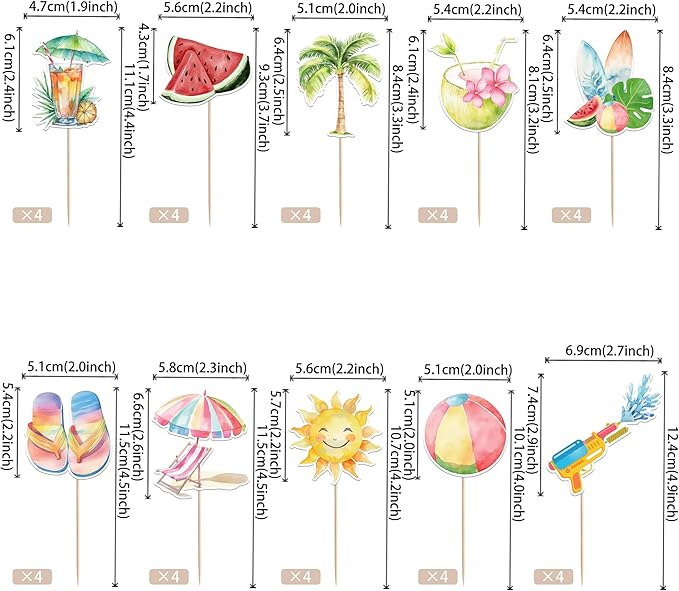 40 Pack Summer Beach Theme Cupcake Toppers Umbrella Chair Palm Tree Watermelon Coconut Cupcake Picks Hawaiian Beach Cake Decorations for Baby Shower Birthday Wedding Party Supplies