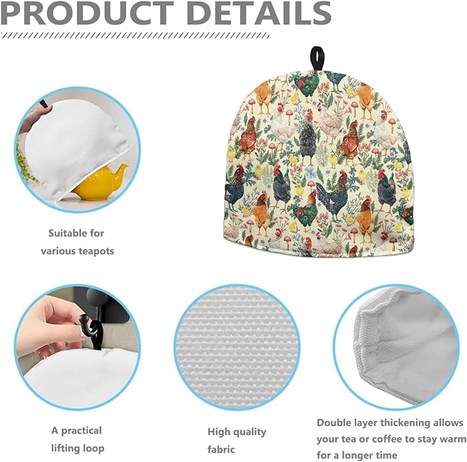 Rooster Print 癤풦nsulated Tea Pot Cosies Tea Kettle Quilt Keeping Warm Dust Proof Teapot Cover for Home Kitchen Tea Party Decorative Accessories