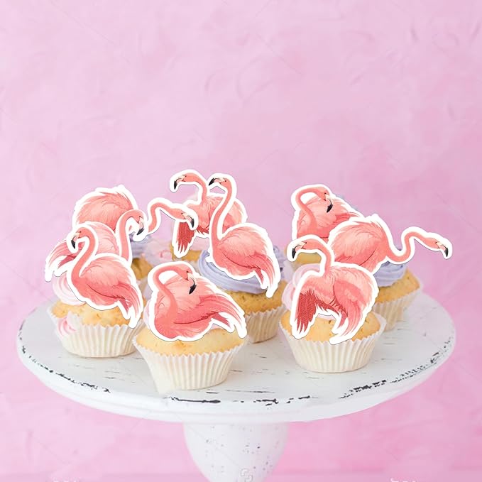 60 Pack Edible Flamingo Cupcake Toppers Wafer Paper Tropical Aloha Luau Cupcake Picks Holiday Flamingo Summer Hawaiian Beach Cake Decorations for Summer Theme Baby Shower Birthday Party