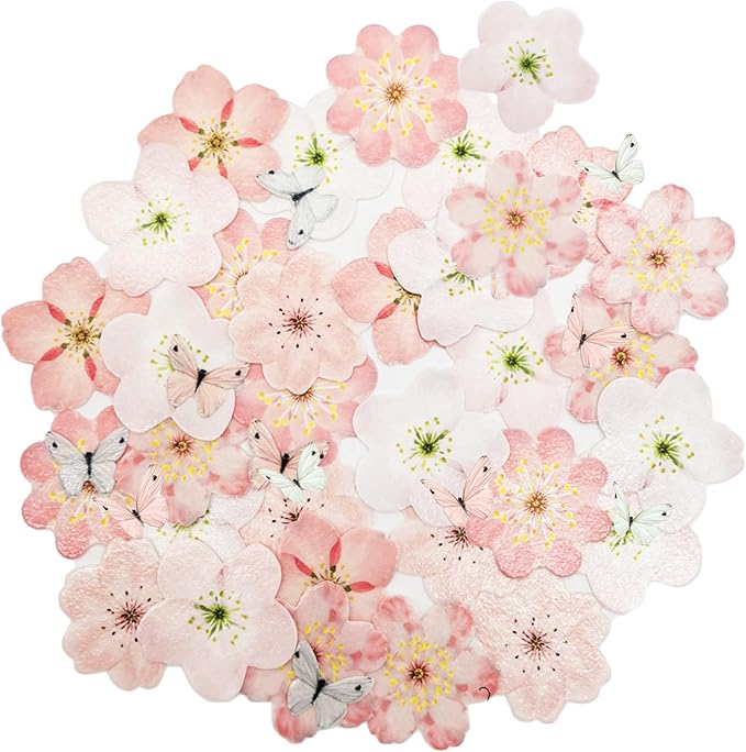 58 PCS Edible Cherry Blossoms Butterfly Cupcake Toppers Flowers Cake Decorations Wafer Paper Flowers Cupcake Topper for Baby Shower Kids Birthday Party Decorations Supplies Colorful