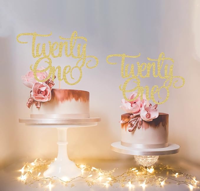 Twenty One Cake Topper - Gold Glitter 21st Birthday Cake Decorations Supplies - Cheers to 21 Years Birthday Party Cake Decor Decoration Photo Booth Props
