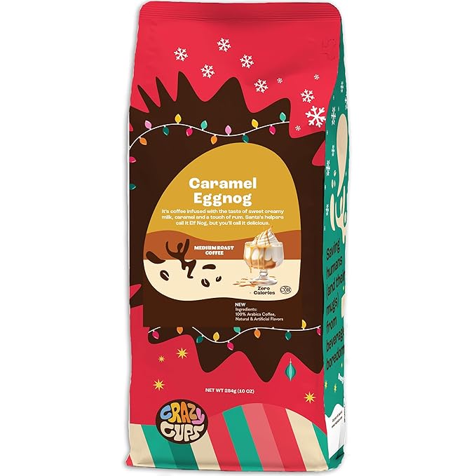 Crazy Cups Flavored Ground Eggnog Coffee, Caramel Eggnog Coffee in 10 oz Bag, For Brewing Flavored Hot or Iced