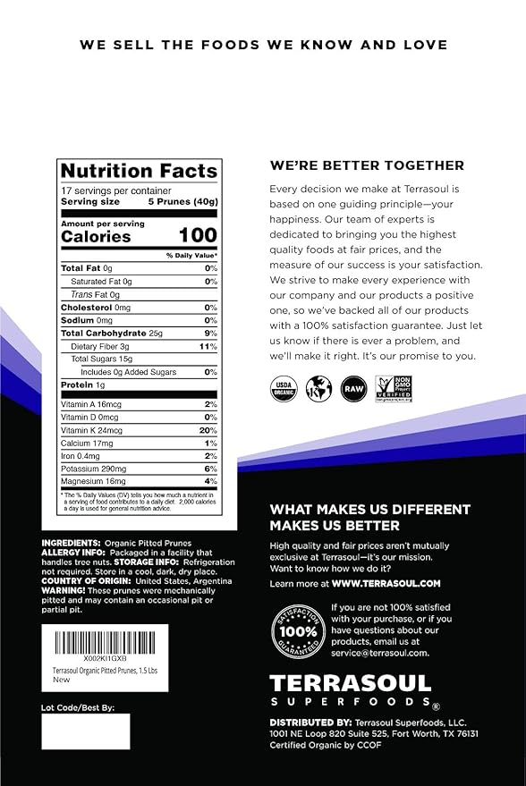 Terrasoul Superfoods Organic Dried Pitted Prunes, 1.5 Lbs - Fiber | Vitamin K | Preservative Free