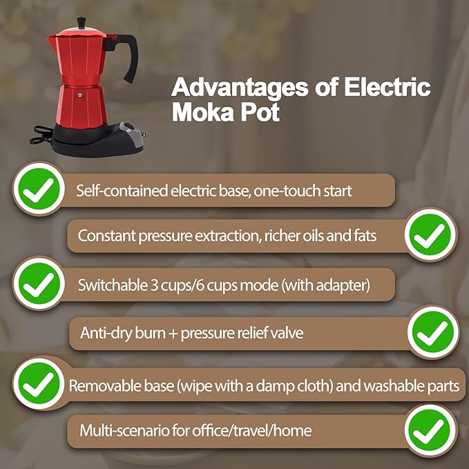Aluminum Electric Moka Pot 5-6 Cup 270ml Express Coffee Maker Stovetop Espresso Portable Coffeemaker Italian Classic Brewing Greca Cafe Mocha with Removable Base and Overheating Protection Machine
