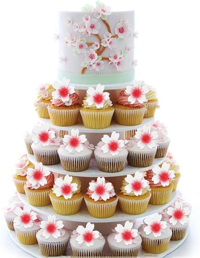 100 Pack Edible Cherry Blossom Cake Toppers - Flowers Cupcake Picks Rice Paper Wafer for Baby Shower, Bridal Shower, Kids Birthday Party Cake Decorations