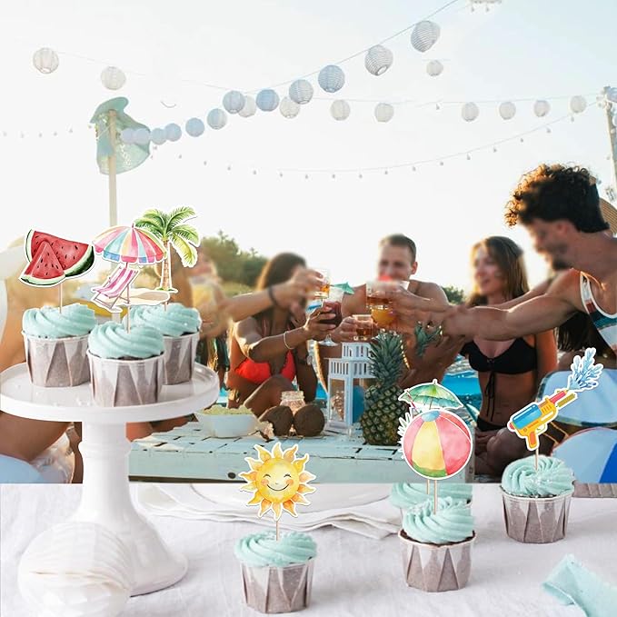 40 Pack Summer Beach Theme Cupcake Toppers Umbrella Chair Palm Tree Watermelon Coconut Cupcake Picks Hawaiian Beach Cake Decorations for Baby Shower Birthday Wedding Party Supplies