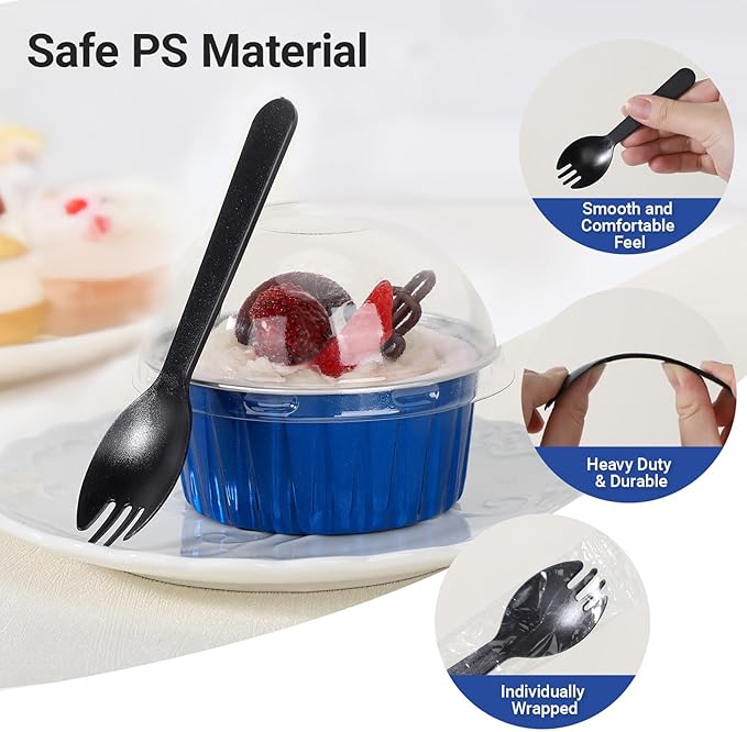 EUSOAR Disposable Ramekins with Lids, 60pcs 5oz Mini Cheesecake Pans and 60pcs Individually Wrapped Sporks, Aluminum Foil Ramekins Baking Cups with Lids for Party Bulk Wedding Birthday Picnic