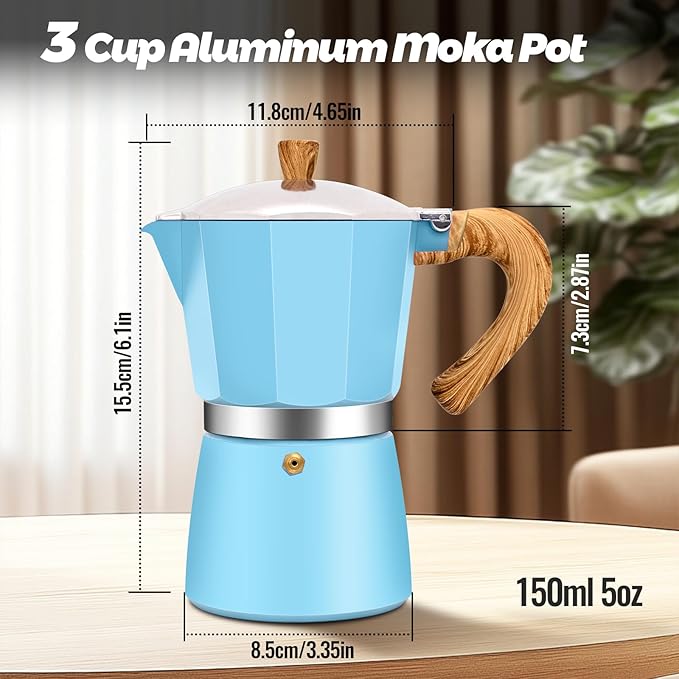 3 Cup Aluminum Moka Pot Classic Stovetop Espresso Coffee Maker 150ml 5oz Coffeemaker Percolator Mocha Pot Greca Coffee Maker Cafe Makers for Italian and Cuban Cafì±?Brewing Blue