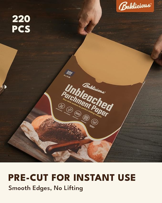 BAKLICIOUS 220 Pcs 9x13 inch Unbleached Parchment Paper Baking Sheets, Baklicious Pre-cut Heavy Duty Parchment Baking Paper for Air Fryer, Oven, Bakeware, Steaming, Cooking Bread, CupCake, Cookies