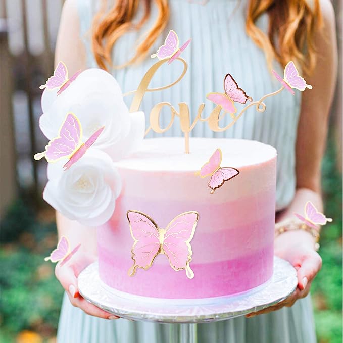 30pcs Pink Gold Edge Mixed Size Lively 3D Waterproof Swllowtail Butterfly Cupcake Topper for Girls Women's Happy Birthday Wedding Party Cake Wall Party Food Decorations