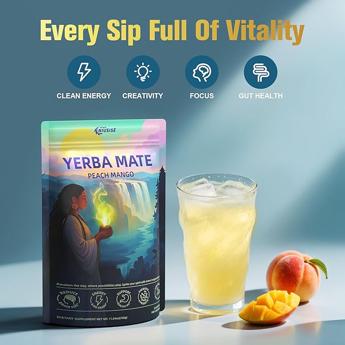 Yerba Mate Instant Tea Powder, Super Yerba MateTea for Natural Energy & Gut Health, Reduce Brain Fog, Low Sugar Yerba Mate Tea with Prebiotics and Probiotics, Peach Mango 30 Servings