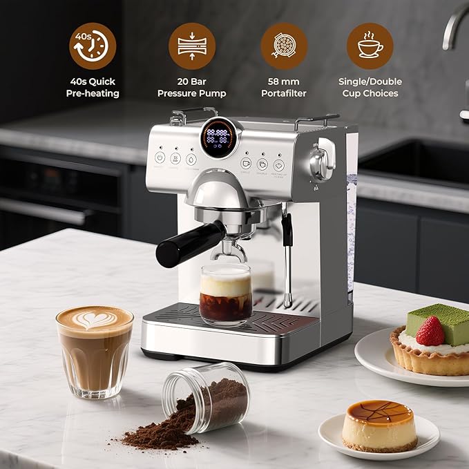 20 Bar Espresso Machine,Compact Stainless Steel Cold Brew & Hot Coffee Machine with Steam Wand,LED Display,50 oz Removable Water Tank,Cappuccino Machine for Home,Semi-Automatic,Silver