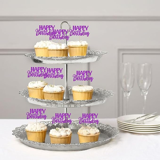 30 PCS Happy Birthday Cupcake Toppers Glitter Happy Birthday Cupcake Picks for Celebrating Anniversary Theme Party Cake Decorations Supplies Dark Purple
