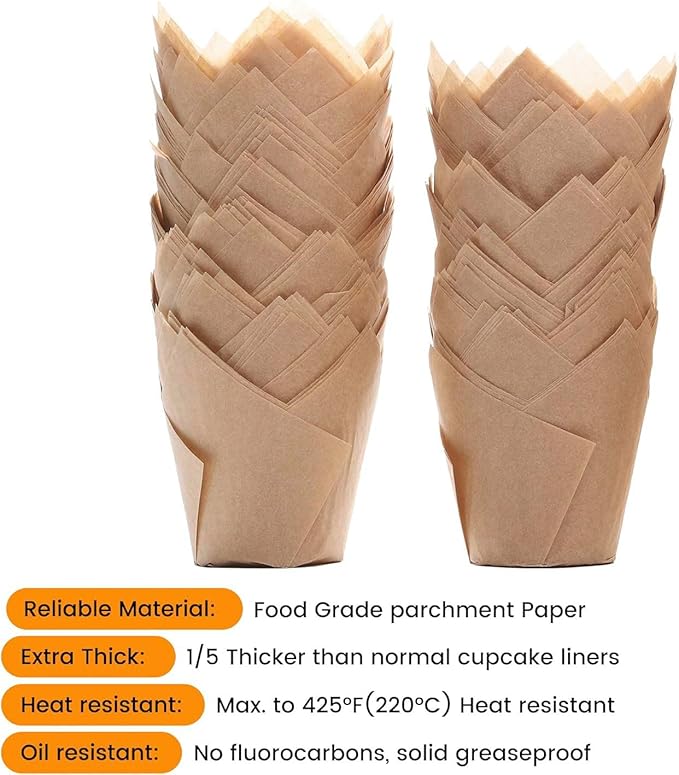 200pcs Natural Tulip Cupcake Liners for Baking Cups Unbleached European Parchment paper Tulip Muffin Liners, Cupcake Wrapper for Party, Christmas