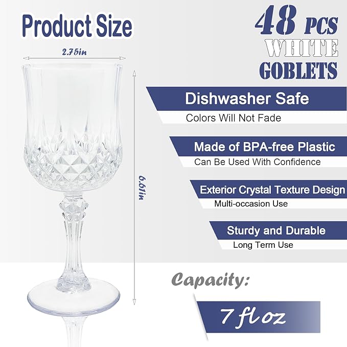 48 PCS Plastic Wine Glasses Clear,Reusable Plastic Wine Glasses,White Goblet Glass,Durable and Sturdy Cups Can Be Used for Various Parties Such as Weddings!