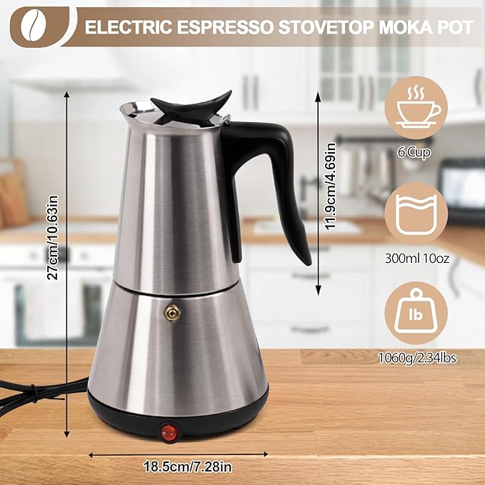 Stainless Steel Electric Moka Pot 6 Cup 300ml Express Coffee Maker Stovetop Espresso Portable Coffeemaker Italian Classic Brewing Greca Cafe Mocha with Removable Base and Overheating Protection 10oz
