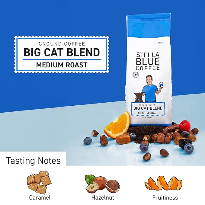Stella Blue Ground Coffee, Big Cat Blend, Medium Roast, Caramel, Hazelnut and Fruity Notes, 100% Arabica, Ethically Sourced from Central and South America, 12 oz bag