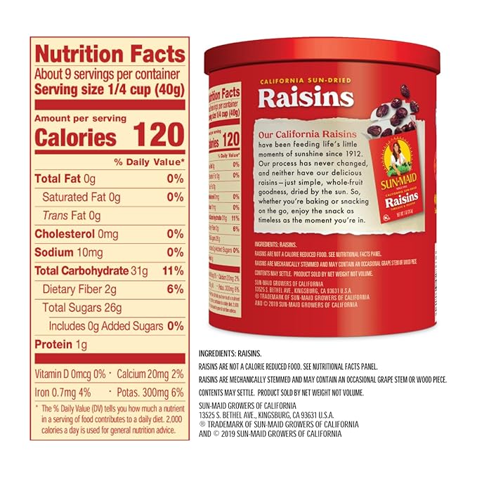 Sun-Maid California Sun-Dried Raisins - 13 oz Resealable Canister - Dried Fruit Snack for Lunches, Back to School Snacks, and Natural Sweeteners