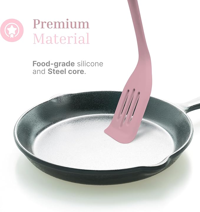 Silicone Slotted Turner Set – 2-Piece Set of Turner Spatulas for Eggs and Pancakes – Kitchen Tools & Accessories with Comfortable Handles, Heat-Resistant Utensils for Cooking and Baking – Pastel Pink